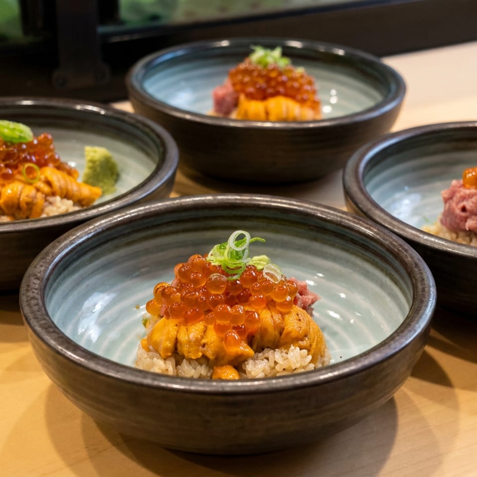 Five ceramic bowls of sushi rice topped with uni, salmon roe, scallions, and wasabi on a wooden counter.