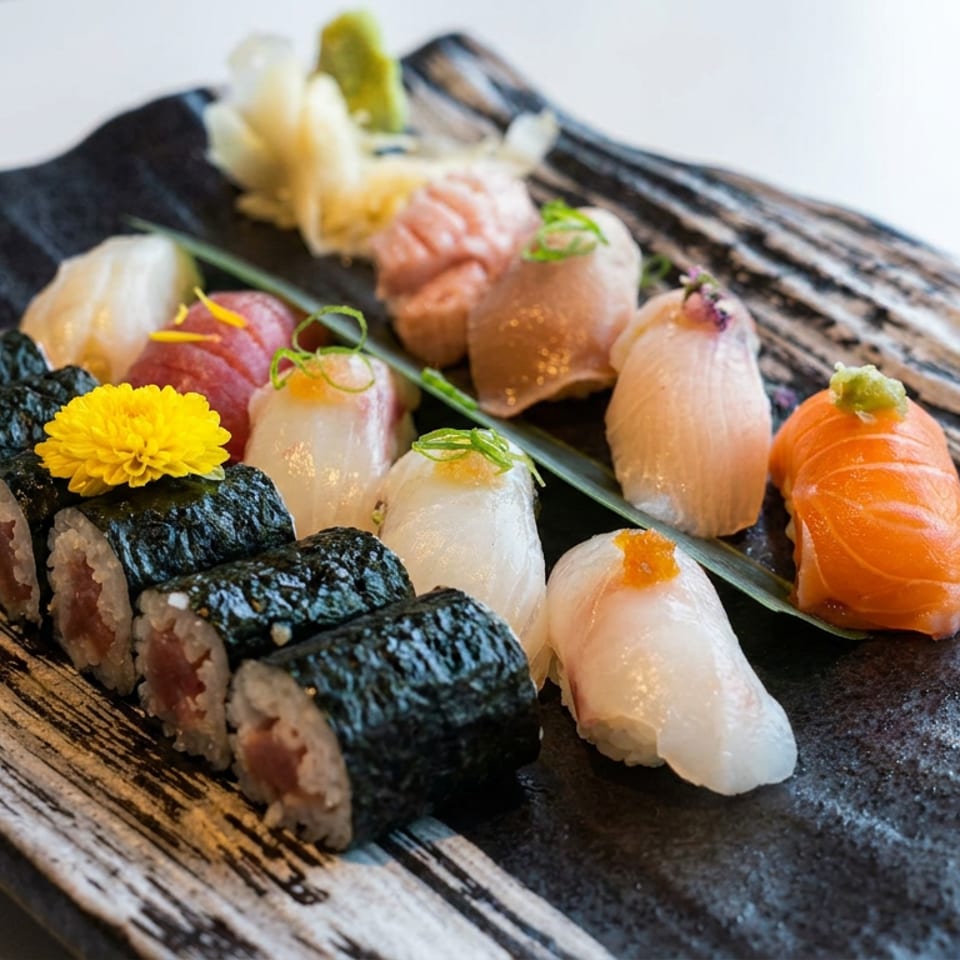 Assorted sushi and maki rolls arranged on a rustic black-and-white platter with flowers and garnishes.