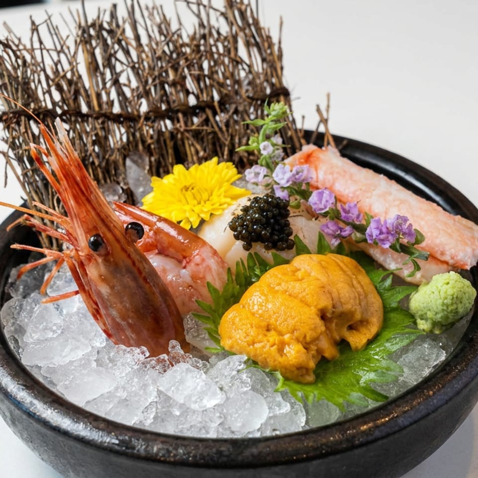 Assorted sashimi, including shrimp, sea urchin, crab, and caviar, arranged on crushed ice with flowers and wasabi.