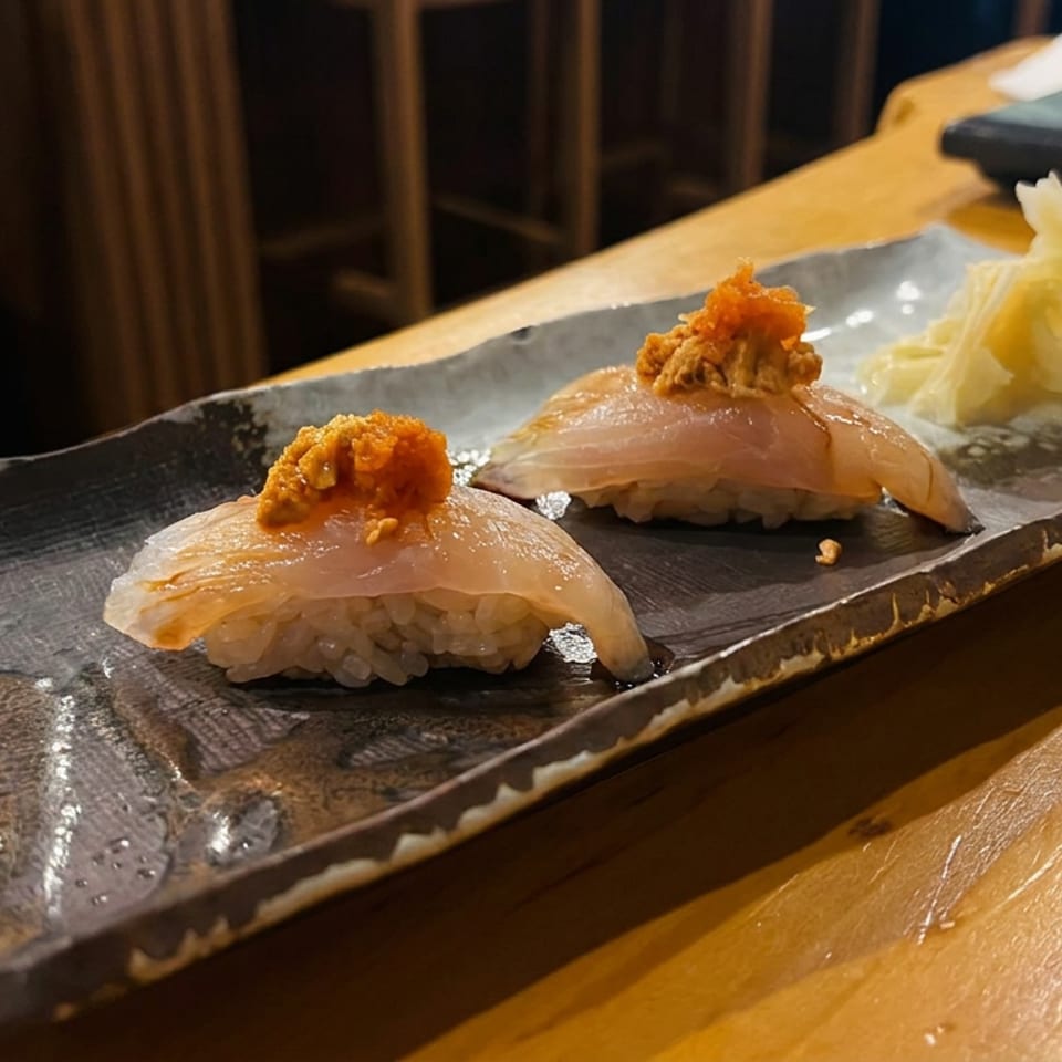 Three pieces of sushi topped with orange roe sit on a rustic black ceramic plate at a warmly lit restaurant table.