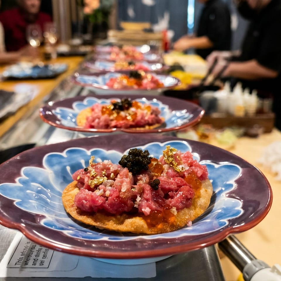Colorful plates of tuna tartare tostadas topped with caviar line a restaurant counter as chefs prepare dishes.