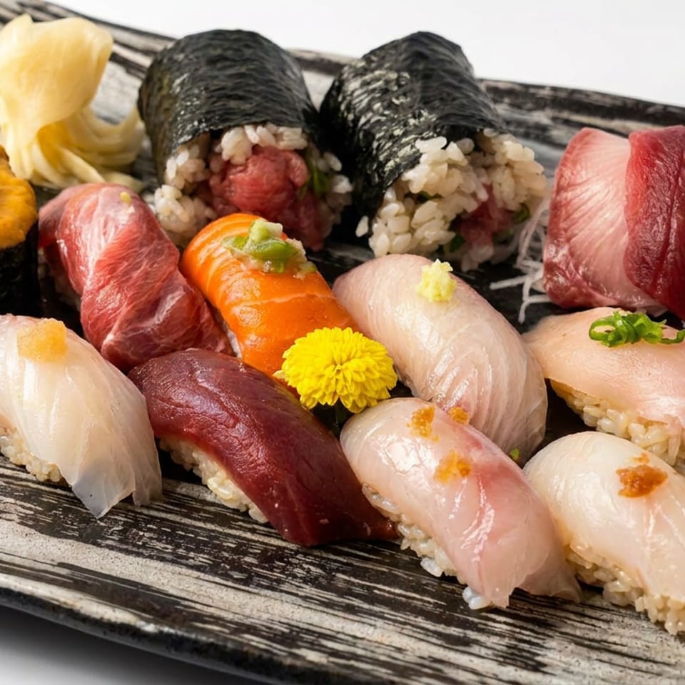Assorted sushi and maki rolls arranged on a rustic black platter with wasabi, pickled ginger, and a chrysanthemum garnish.
