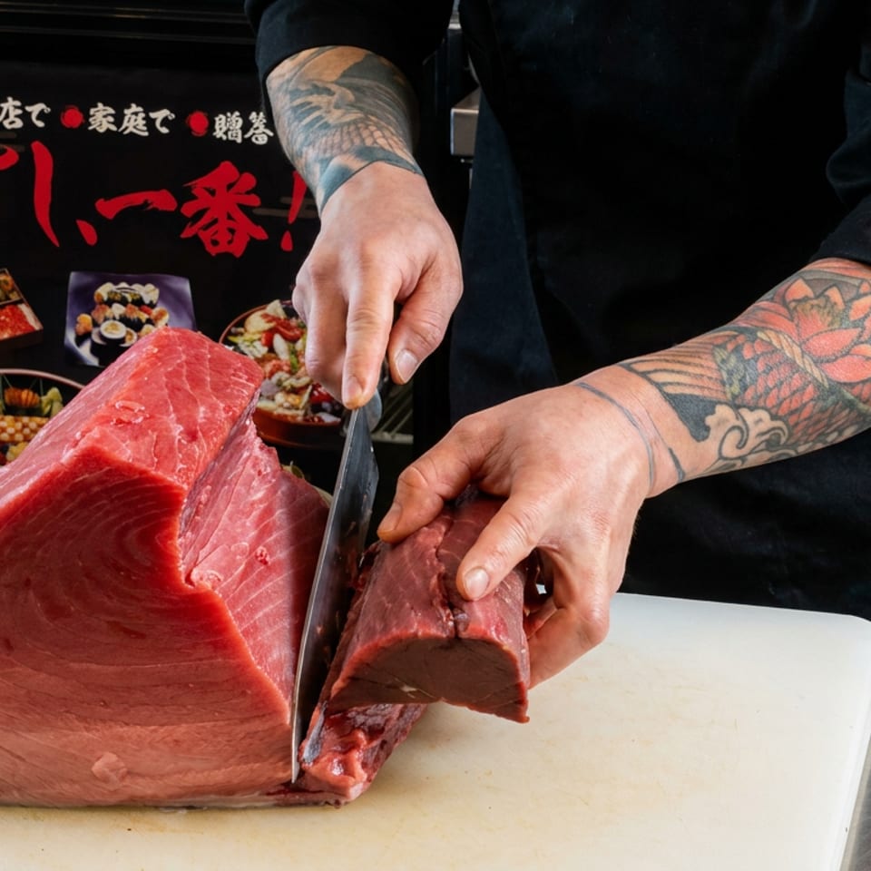 Tattooed sushi chef slicing a large block of fresh tuna on a cutting board.