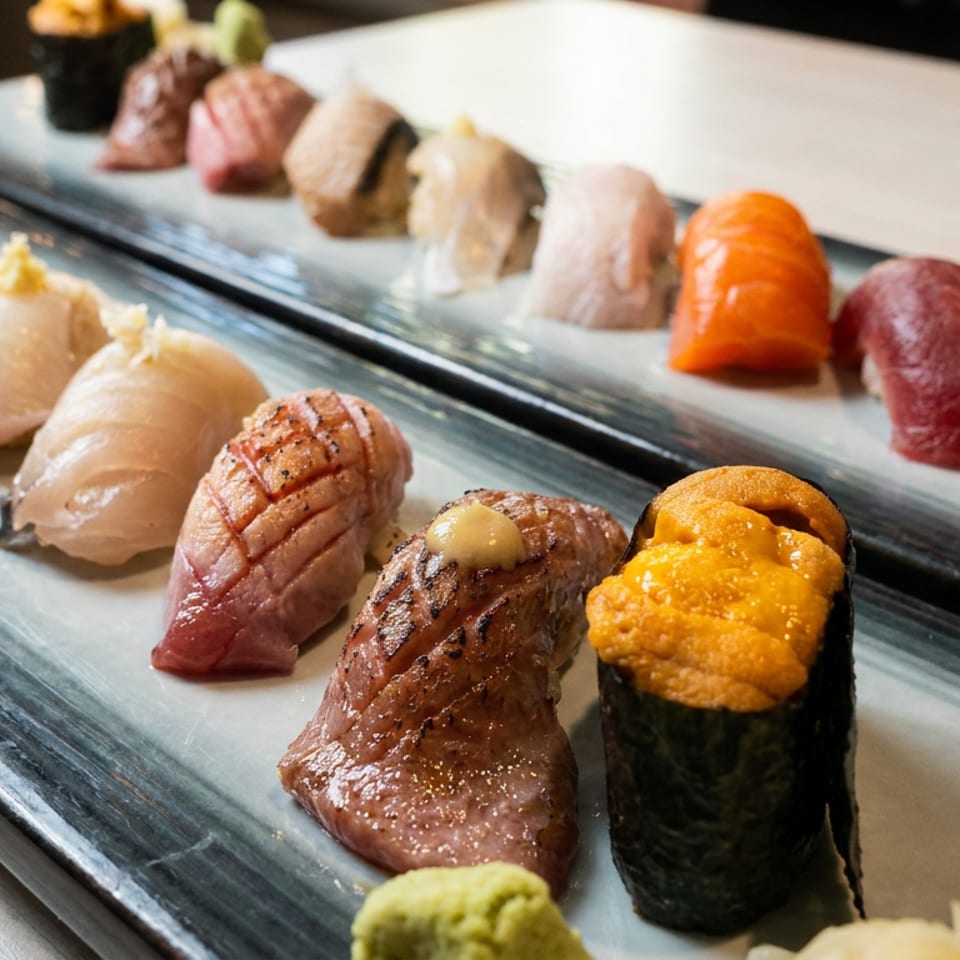 Assorted sushi, including seared fish nigiri and sea urchin gunkan, arranged on sleek black plates.