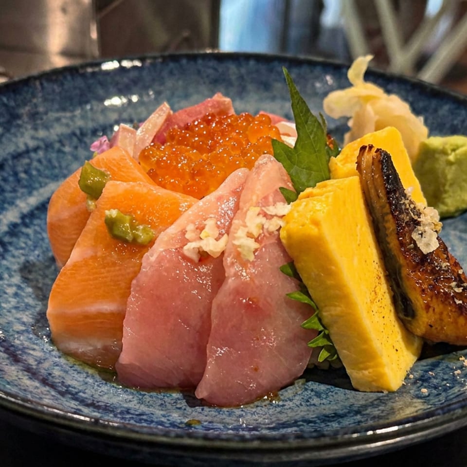 Japanese sashimi platter with salmon, tuna, salmon roe, tamago, grilled fish, wasabi, and pickled ginger on a blue plate.