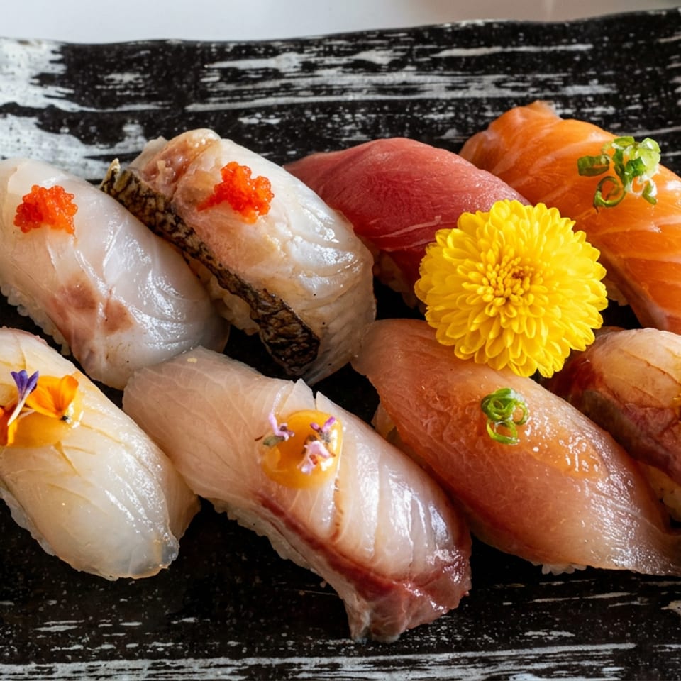 Assorted sushi nigiri topped with roe, scallions, edible flowers, and a yellow chrysanthemum on a black ceramic plate.